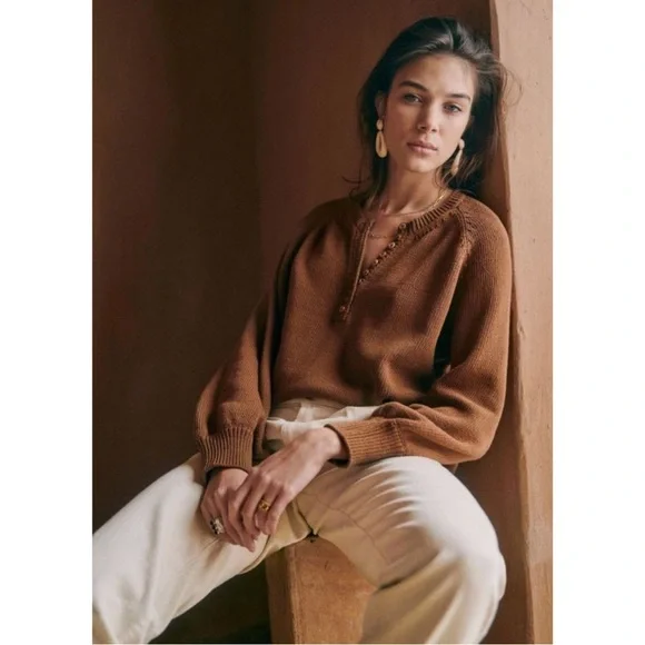SEZANE Tan Brown Organic Cotton Button Balloon Sleeve Sweater Leontine Jumper - Picture 13 of 13